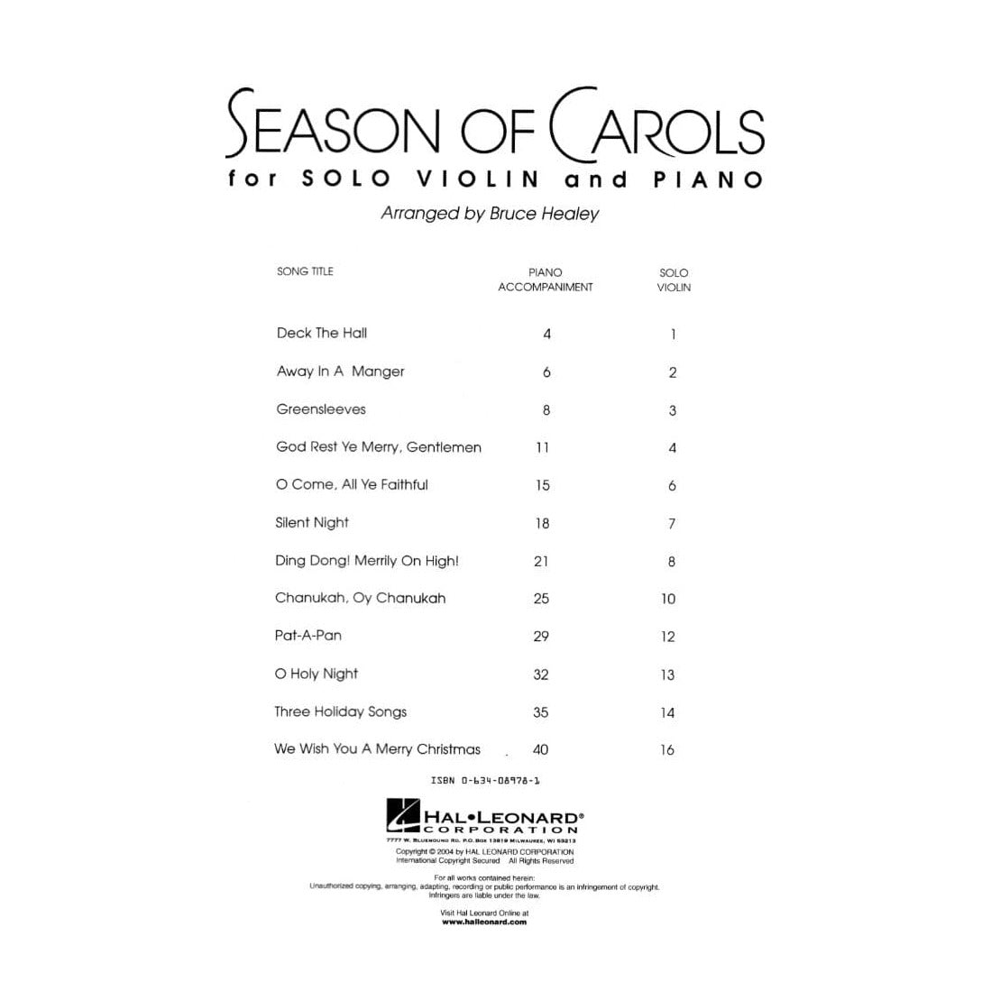 Season of Carols - Violin and Piano - arranged by Bruce Healey - Hal Leonard Edition