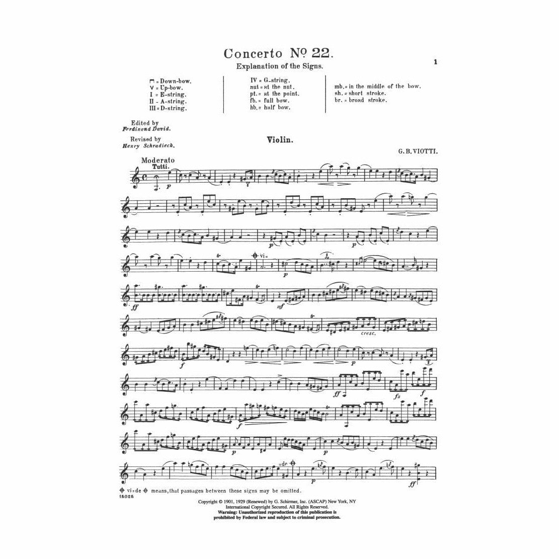Viotti, GB - Violin Concerto No 22 in A Minor - Violin and Piano - edited by David/Schradieck - Schirmer