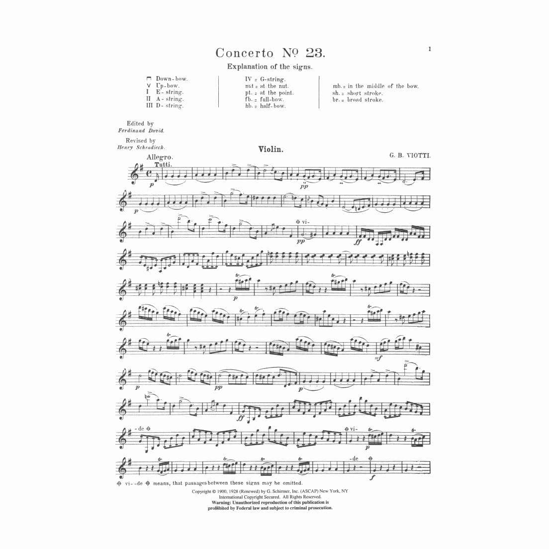 Viotti, GB - Violin Concerto No 23 in G Major - Violin and Piano - edited by David/Schradieck - Schirmer