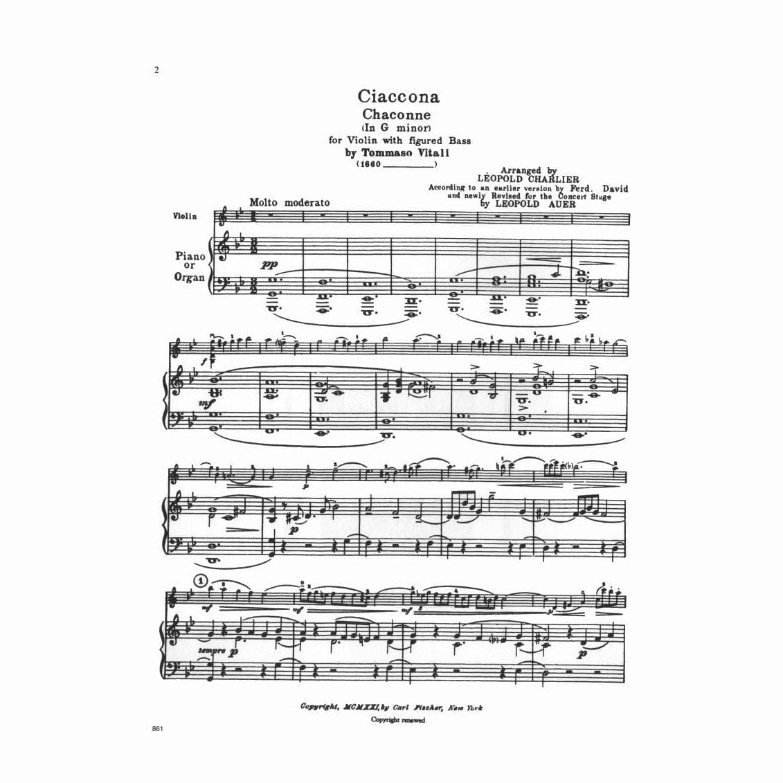 Vitali, Tomas - Chaconne in G Minor - Violin and Piano - edited by Auer - Carl Fischer