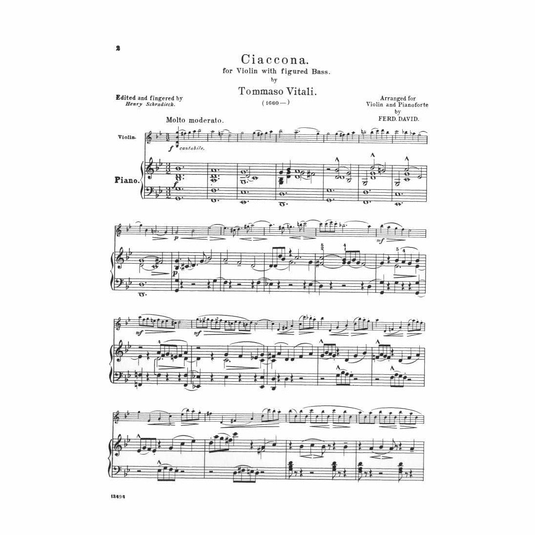 Vitali, Tomaso - Chaconne in G Minor - Violin and Piano - arranged by Ferdinand David - Schirmer