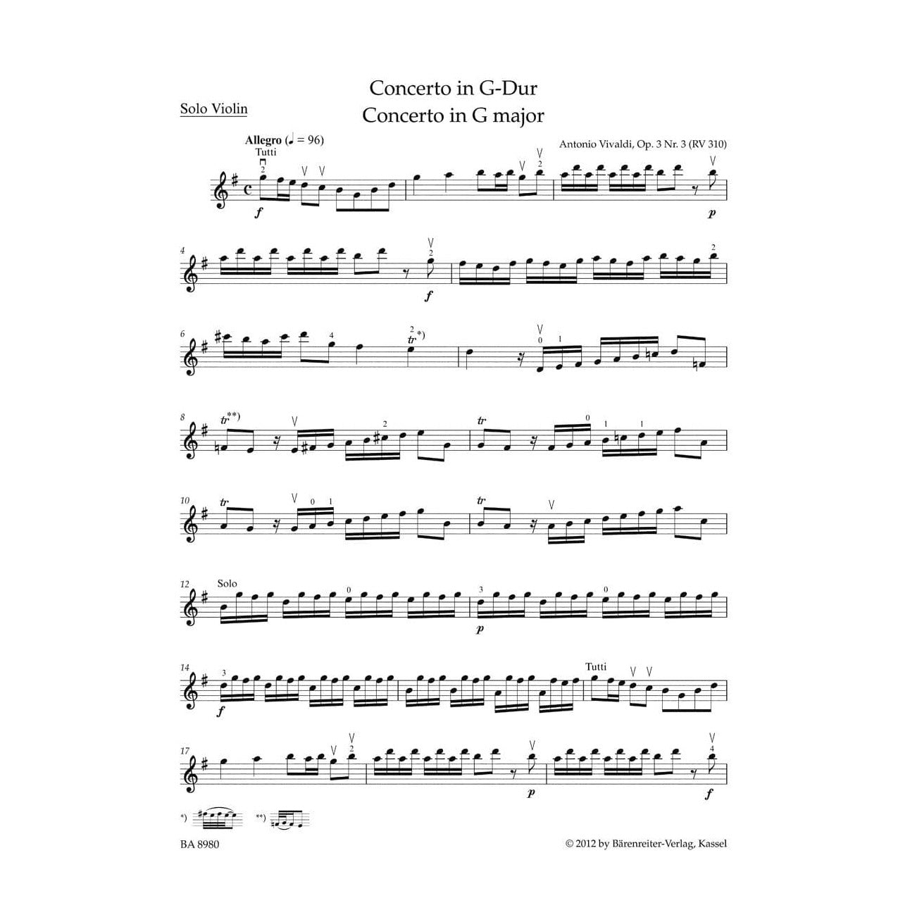 Vivaldi, Antonio - Concert Pieces: Concerto G Major, Op 3/3 - for Violin and Piano - edited by Kurt Sassmannshaus - Bärenreiter