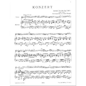 Vivaldi, Antonio - Violin Concerto in A Minor, Op 3 No 6, RV 356 - Violin and Piano - edited by F Kuchler - Peters