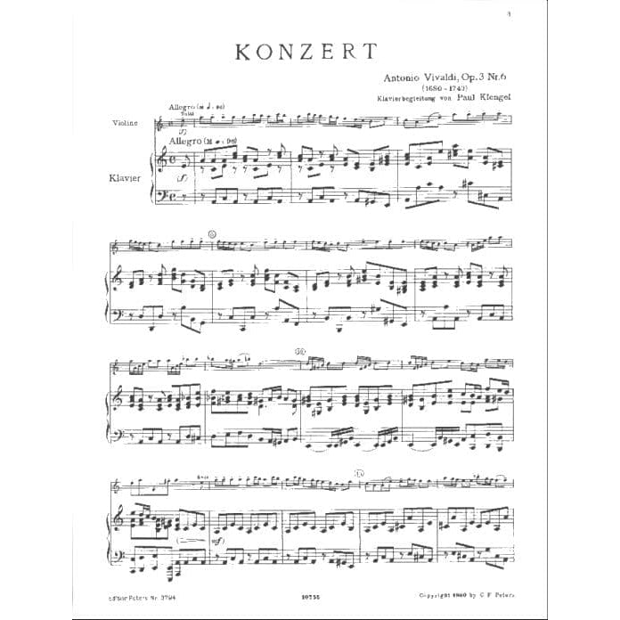 Vivaldi, Antonio - Violin Concerto in A Minor, Op 3 No 6, RV 356 - Violin and Piano - edited by F Kuchler - Peters