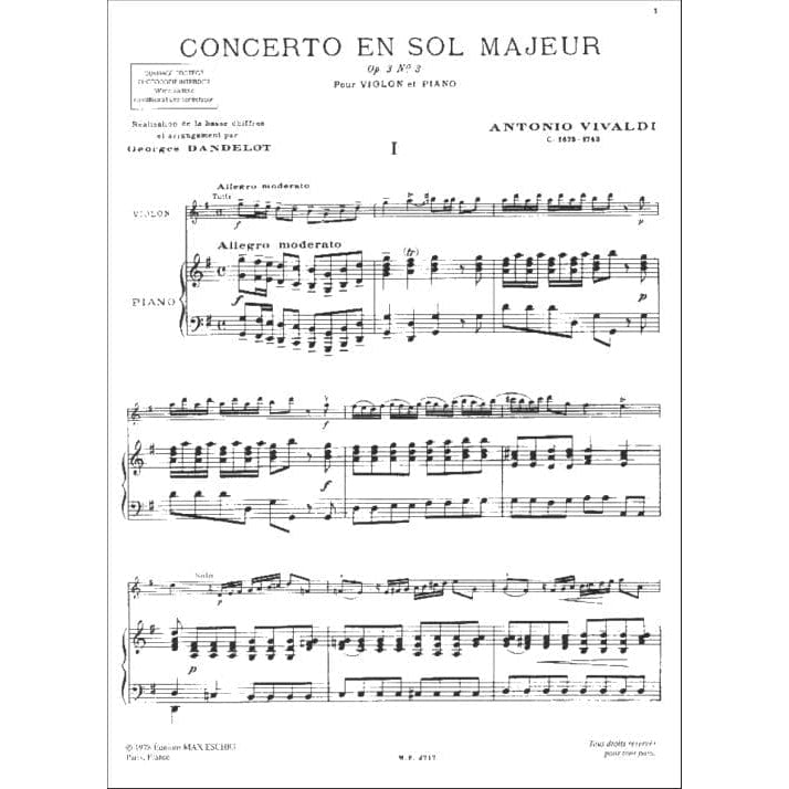 Vivaldi, Antonio - Violin Concerto in G Major, Op 3 No 3, RV 310 - Violin and Piano - edited by Dandelot and Isnard - Eschig