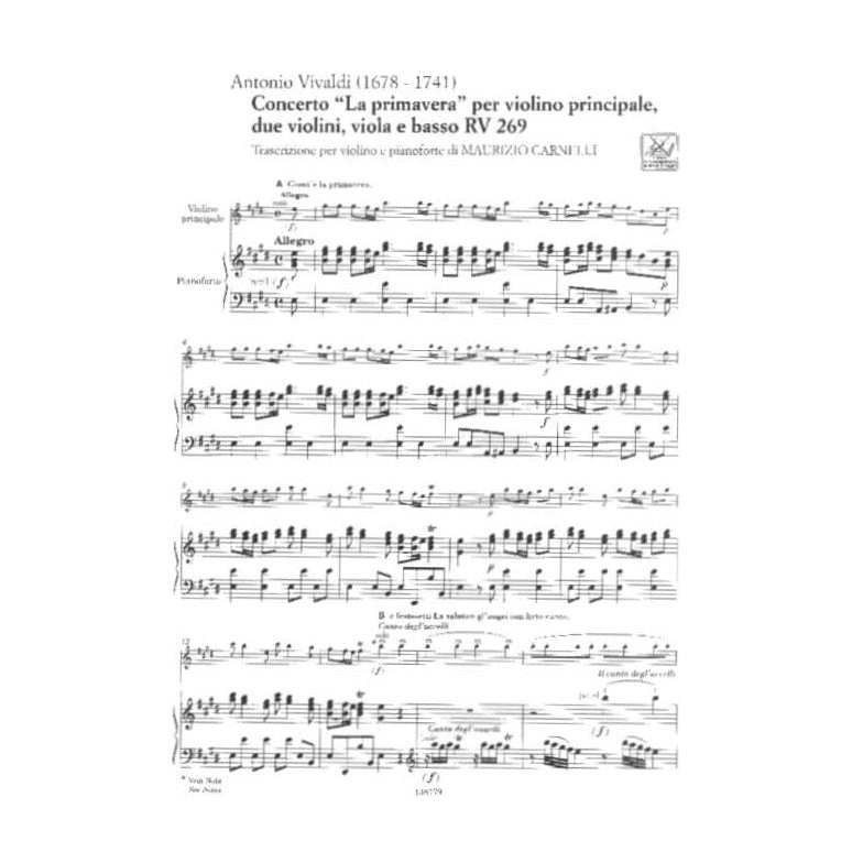 Vivaldi, Antonio - The Four Seasons: Concerto No 1 in E Major, RV 269 "Spring" - Violin and Piano - edited by Carnelli - Ricordi