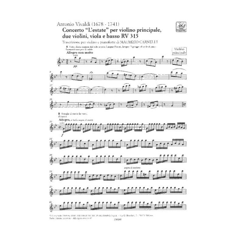 Vivaldi, Antonio - The Four Seasons: Concerto No 2 in G Minor, RV 315 "Summer" - Violin and Piano - edited by Carnelli - Ricordi