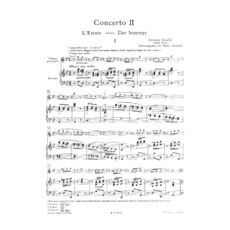 Vivaldi, Antonio - The Four Seasons: Concerto No 2 in G Minor, RV 315 "Summer" - Violin and Piano - edited by Kolneder - Peters