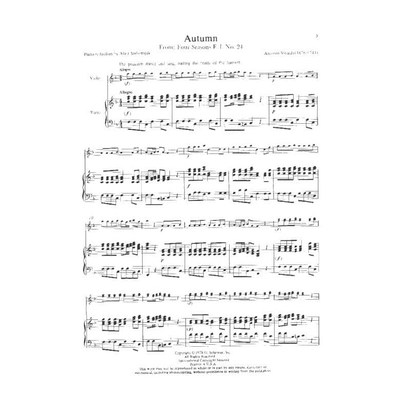 Vivaldi, Antonio - The Four Seasons: Concerto No 3 in F Major, RV 293 "Autumn" - Violin and Piano - edited by Rok Klopcic - Schirmer