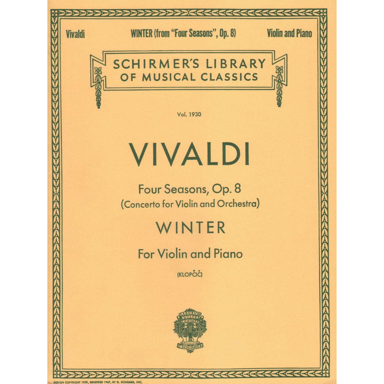 Vivaldi, Antonio - Winter 4 Seasons f minor RV 297 For Violin and Piano Edited by Klopcic Published by G Schirmer