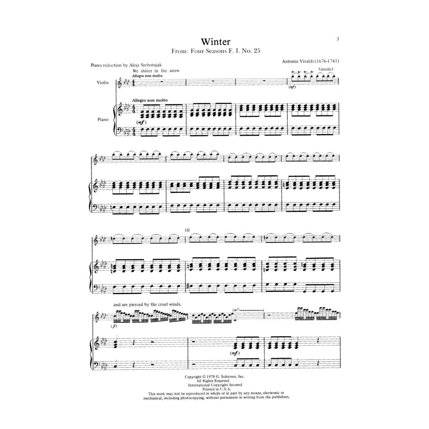 Vivaldi, Antonio - Winter 4 Seasons f minor RV 297 For Violin and Piano Edited by Klopcic Published by G Schirmer