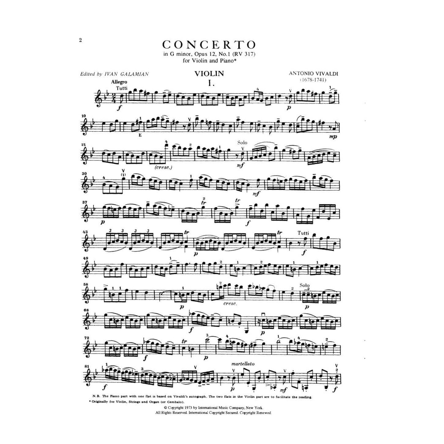 Vivaldi, Antonio - Concerto in g minor Op 12 No 1 RV 317 For Violin and Piano Edited by Ivan Galamian Published by International Music Company