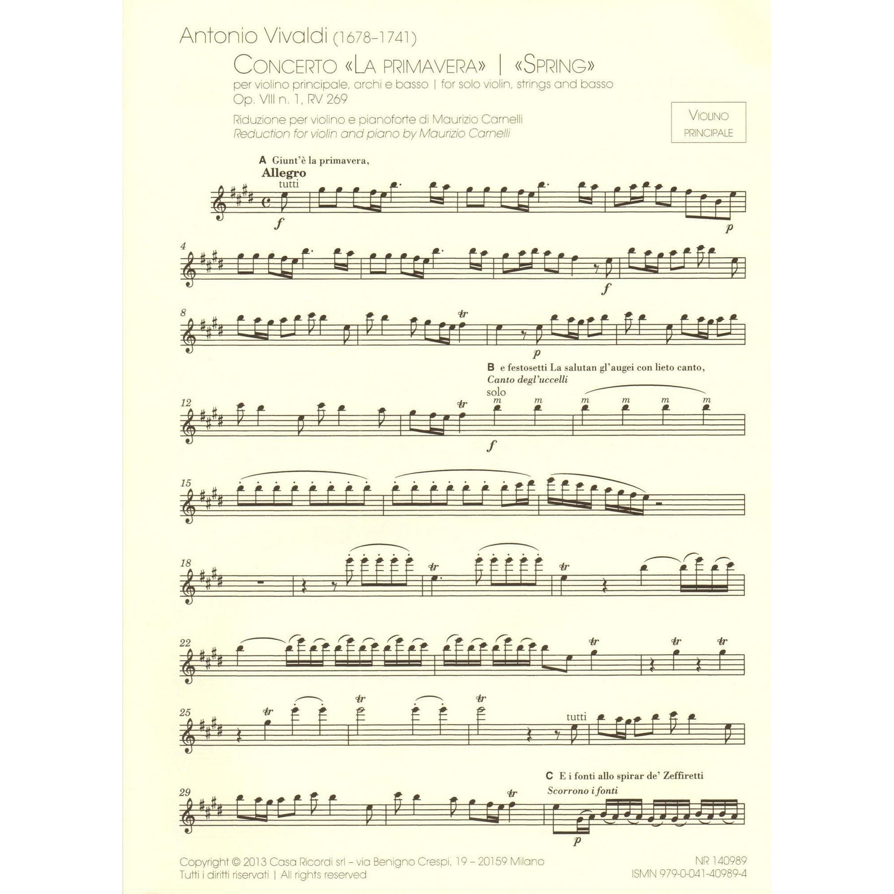 Vivaldi, Antonio - The Four Seasons (Complete) - for Violin and Piano - reduction by Maurizio Carnelli - Ricordi