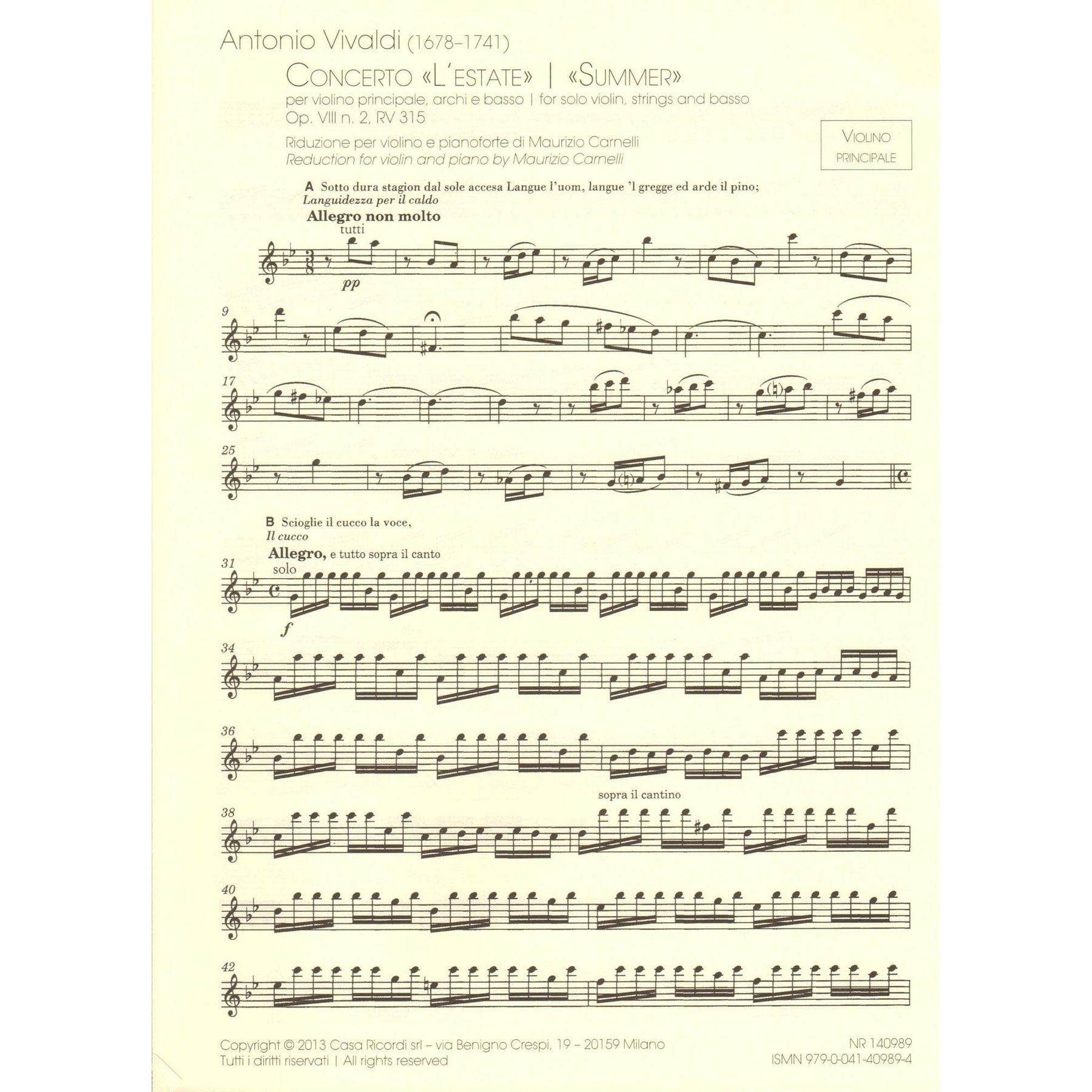 Vivaldi, Antonio - The Four Seasons (Complete) - for Violin and Piano - reduction by Maurizio Carnelli - Ricordi
