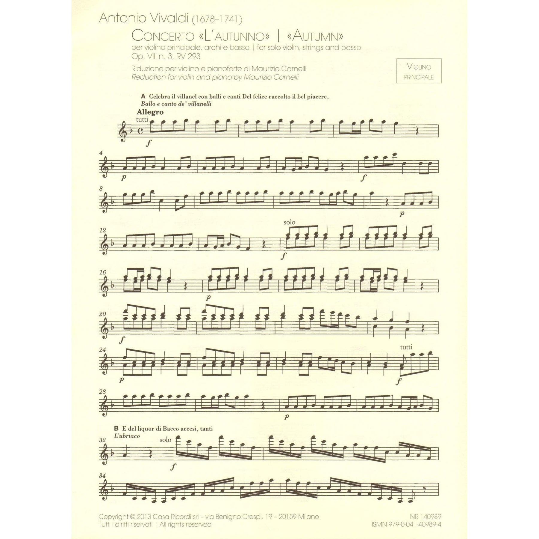 Vivaldi, Antonio - The Four Seasons (Complete) - for Violin and Piano - reduction by Maurizio Carnelli - Ricordi