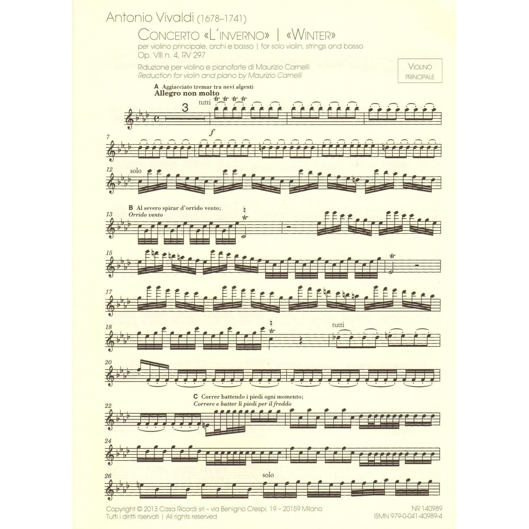 Vivaldi, Antonio - The Four Seasons (Complete) - for Violin and Piano - reduction by Maurizio Carnelli - Ricordi