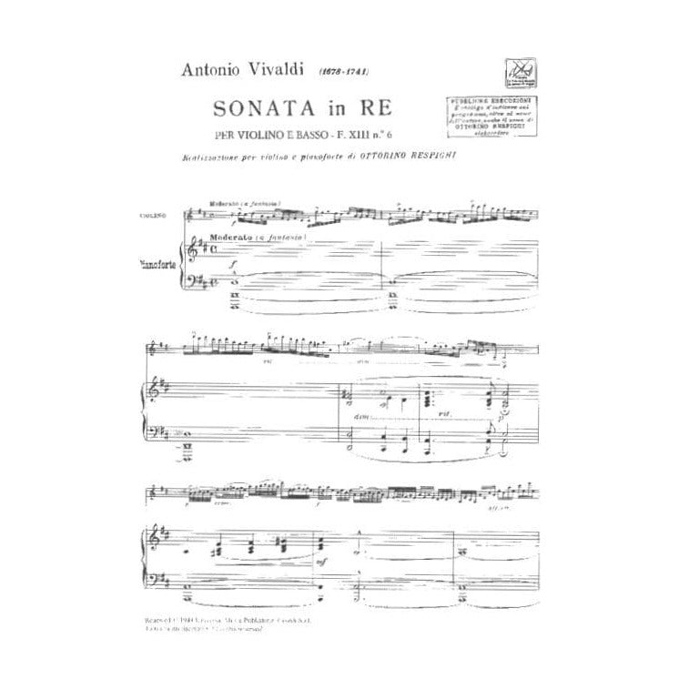Vivaldi, Antonio - Sonata in D Major, RV 10 (F XIII, No 6) - for Violin and Piano - Ricordi