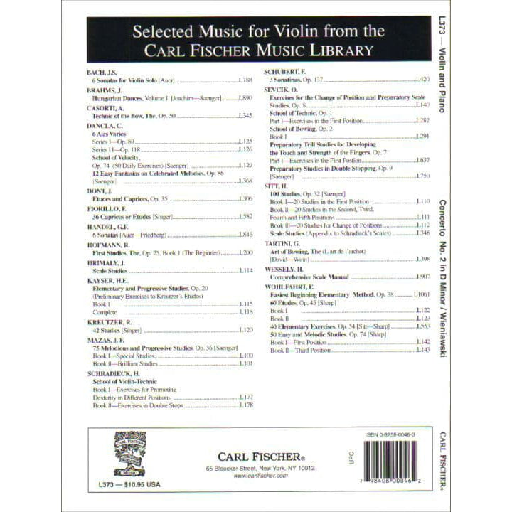 Wieniawski, Henryk - Violin Concerto No 2 in D Minor, Op 22 - for Violin and Piano -  edited by Pollitzer - Carl Fischer