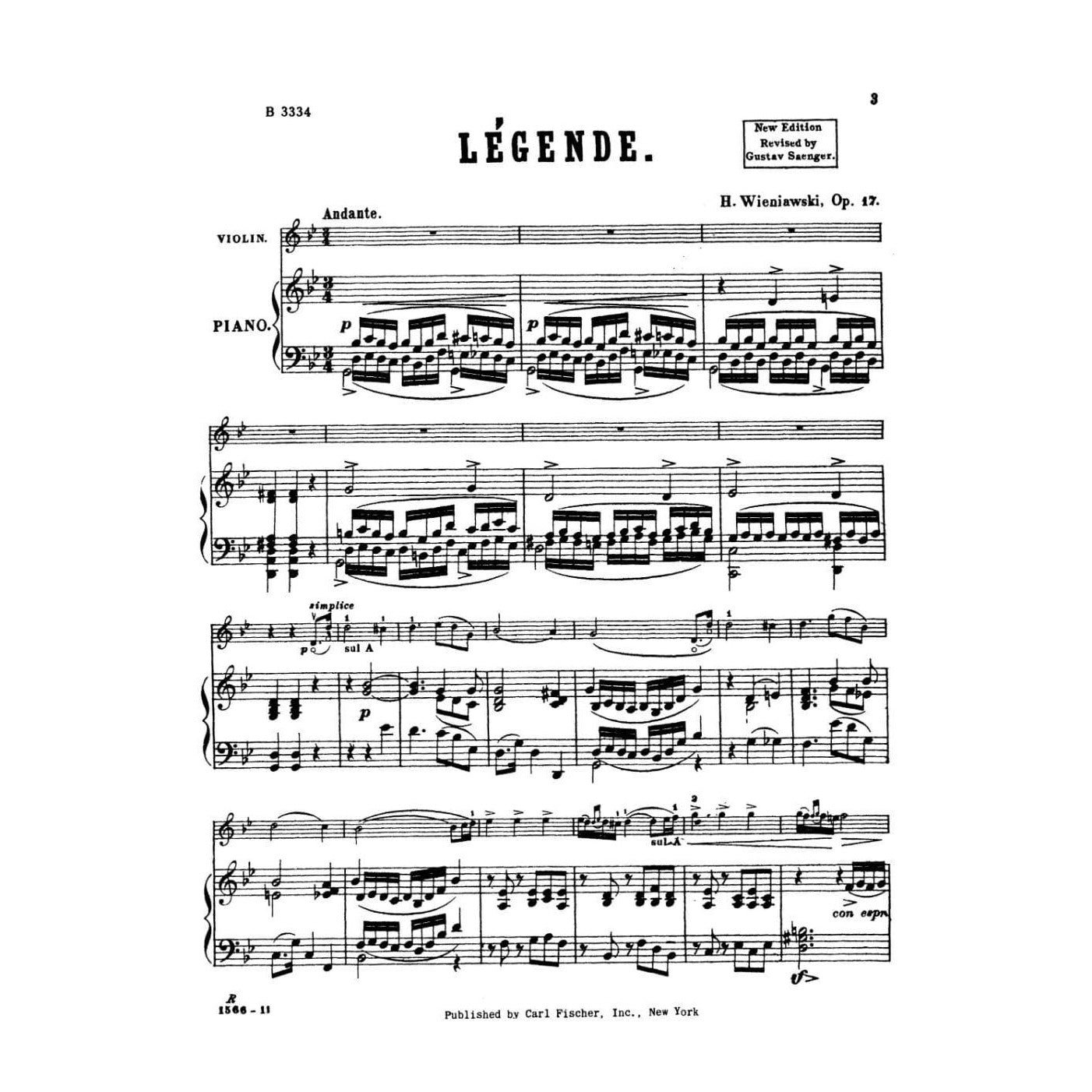 Wieniawski, Henryk - Legende Op 17 For Violin and Piano Edited by Saenger Published by Carl Fischer