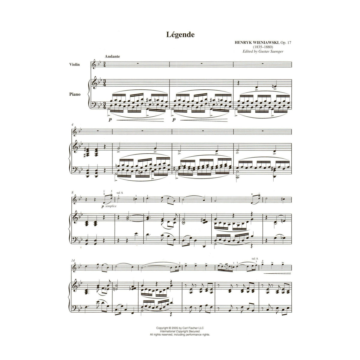 Wieniawski, Henryk - Legende, Op 17 - for Violin and Piano - edited by Saenger - Book/Online Audio - Carl Fischer