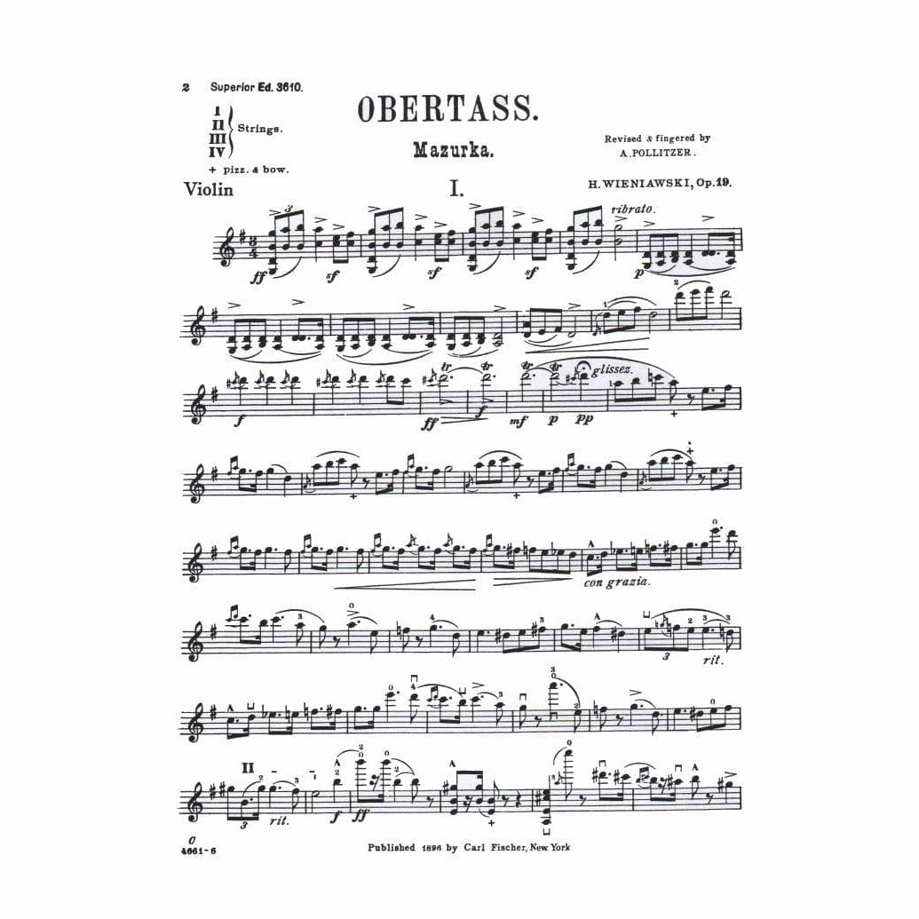 Wienawski, Henryk - Obertass (Mazurka), Op 19, No 1 - Violin and Piano - edited by A Pollitzer - Carl Fischer Edition