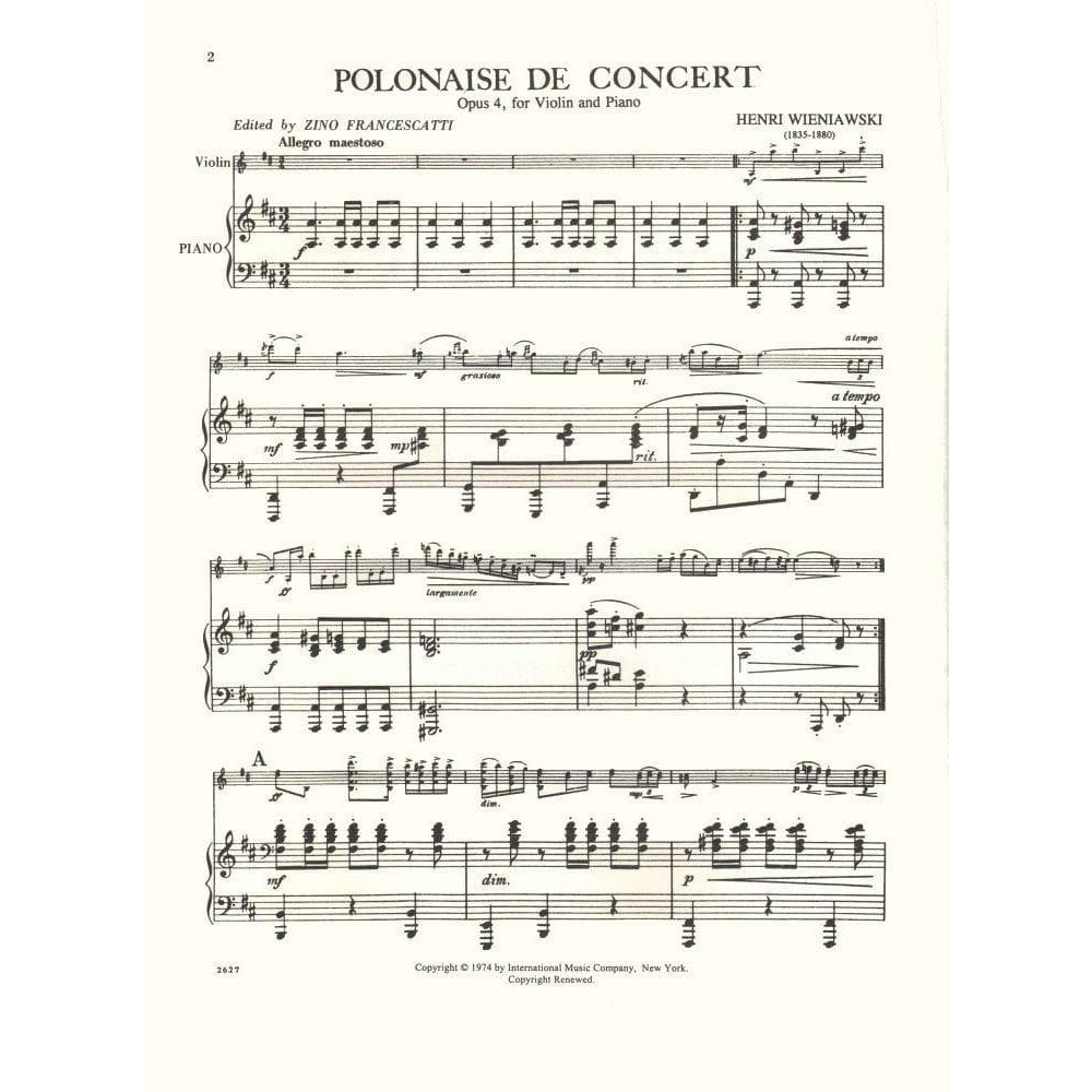 Wieniawski, Henryk - Polonaise Brillante In D Major Op 4 - for Violin and Piano - edited by Francescatti - International Music Company