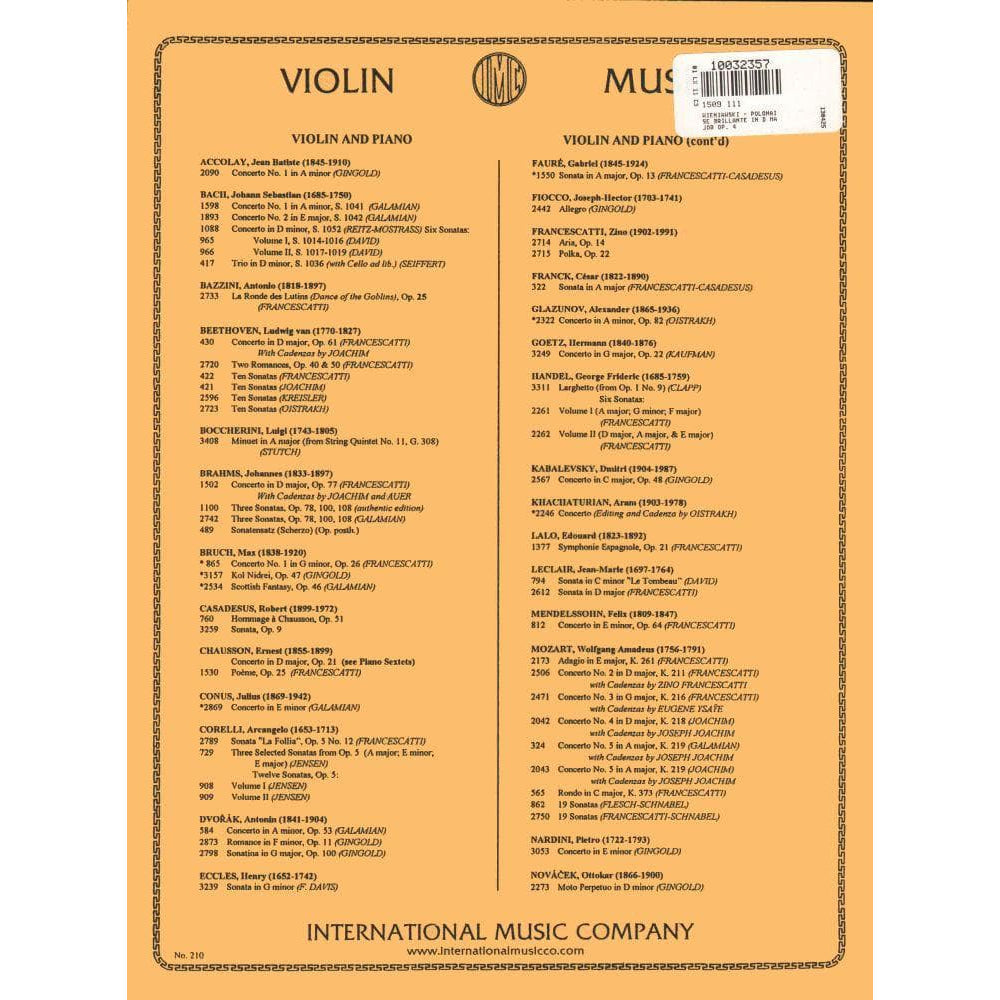 Wieniawski, Henryk - Polonaise Brillante In D Major Op 4 - for Violin and Piano - edited by Francescatti - International Music Company