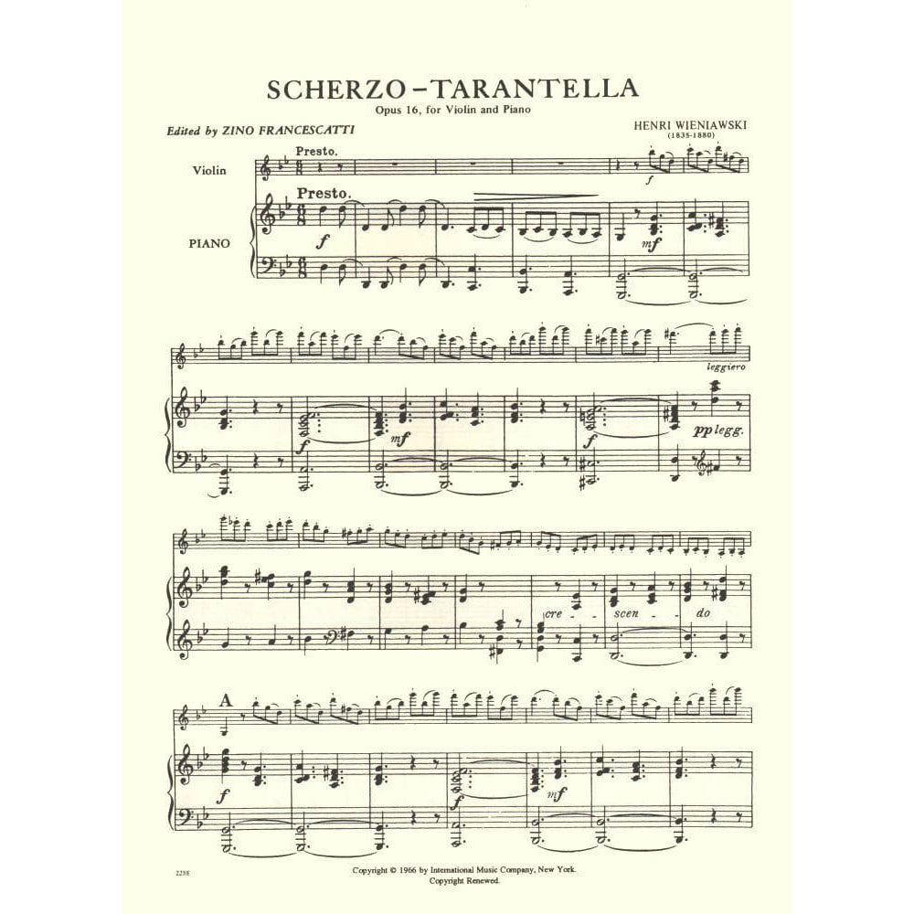 Wieniawski, Henryk - Scherzo-Tarantella, Op 16 - for Violin and Piano - edited by Francescatti - International Music Company