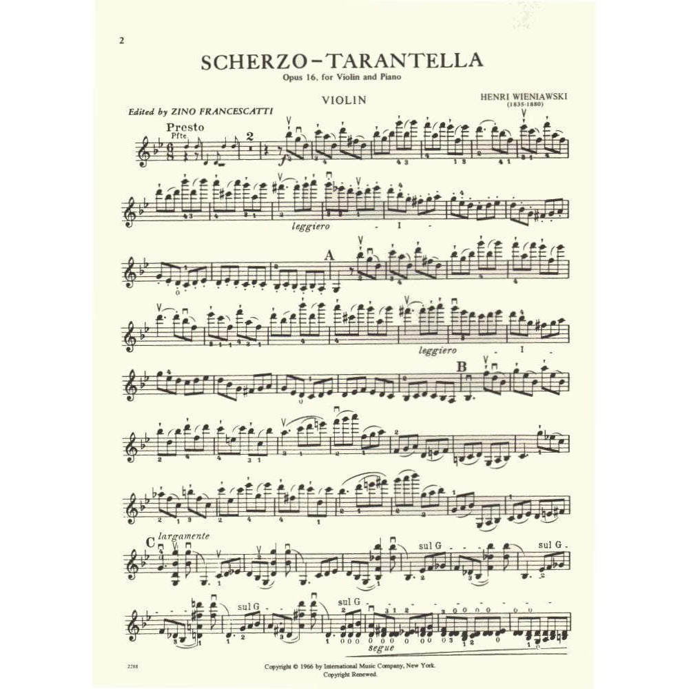 Wieniawski, Henryk - Scherzo-Tarantella, Op 16 - for Violin and Piano - edited by Francescatti - International Music Company