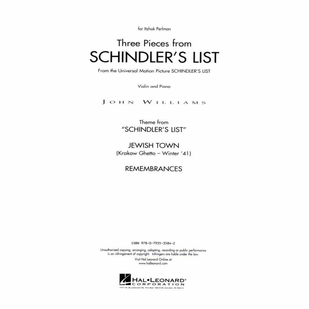 Williams, John - Schindler's List - for Violin and Piano - Hal Leonard