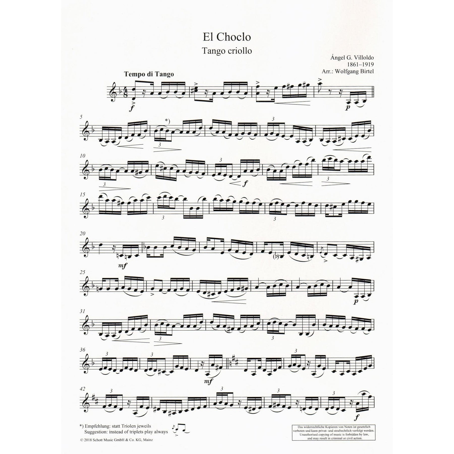 Villoldo, Angel - El Choclo (Tango Criollo) - for Violin and Piano - arranged by Woldgang Birtel - Schott