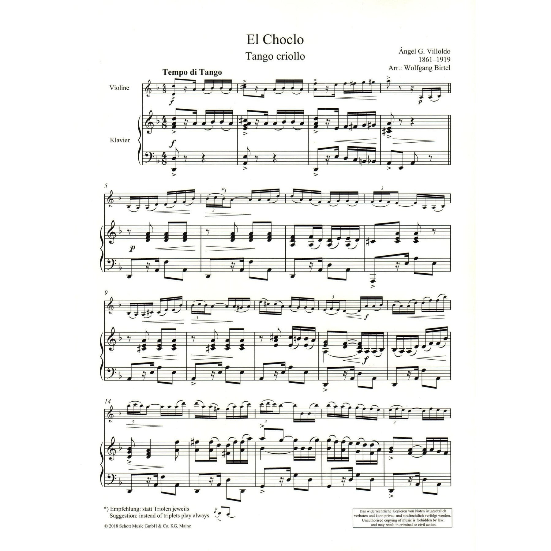 Villoldo, Angel - El Choclo (Tango Criollo) - for Violin and Piano - arranged by Woldgang Birtel - Schott
