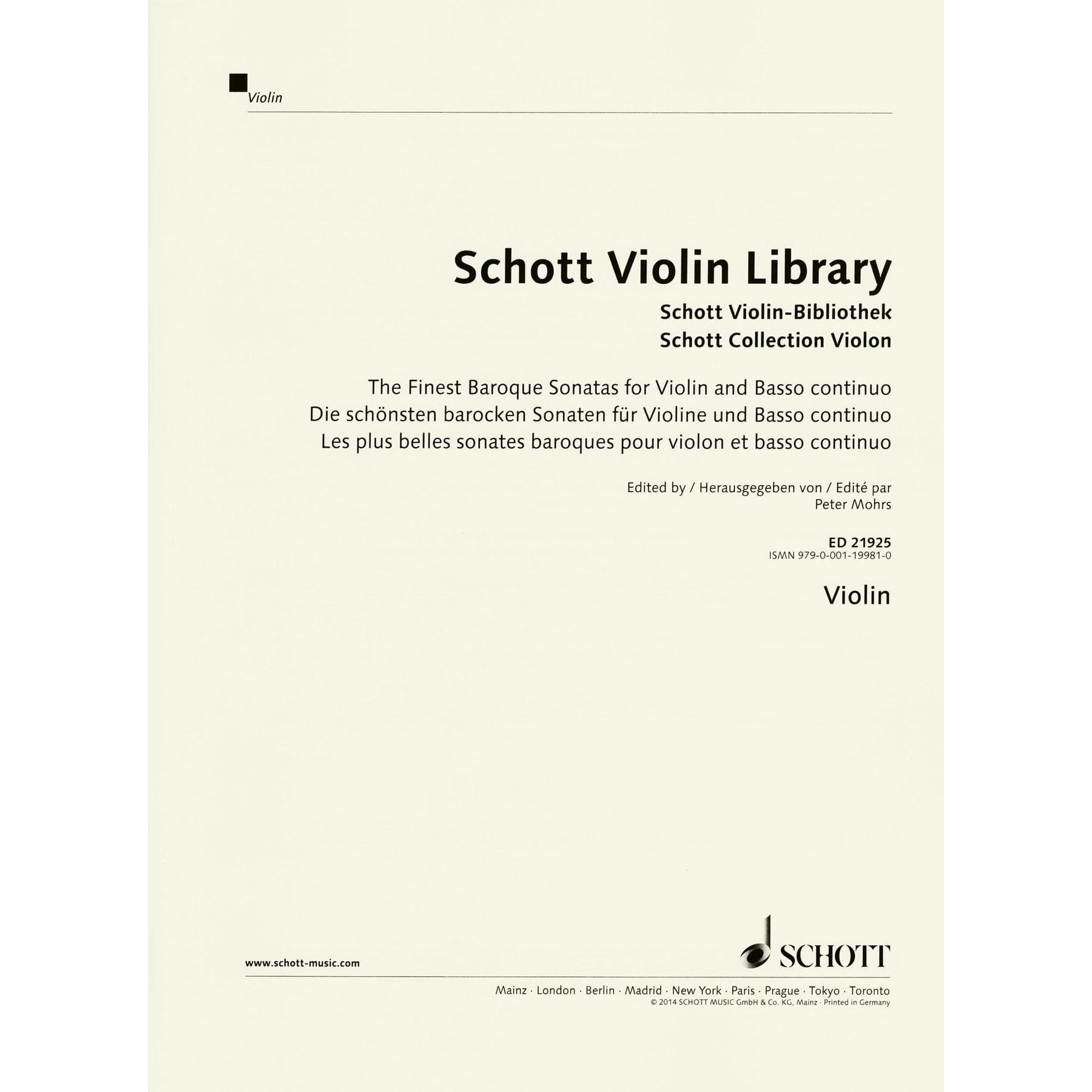 The Finest Baroque Sonatas - for Violin and Basso Continuo - edited by Peter Mohrs - Schott Violin Library
