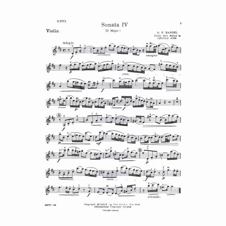 Handel, George Frideric - Sonata No 4 in D Major, Op 1, No 13, HWV 371 - Violin and Piano - edited by Leopold Auer and C Friedberg - Carl Fischer Edition