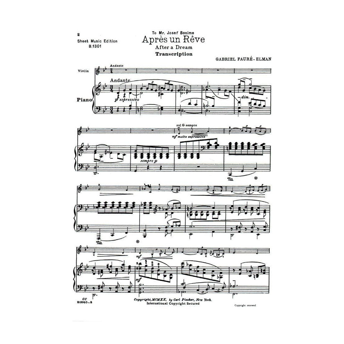 Fauré, Gabriel - Aprés un Rêve ( After a Dream ), Op 7, No 1 - Violin and Piano - transcribed by Mischa Elman - Carl Fischer Edition