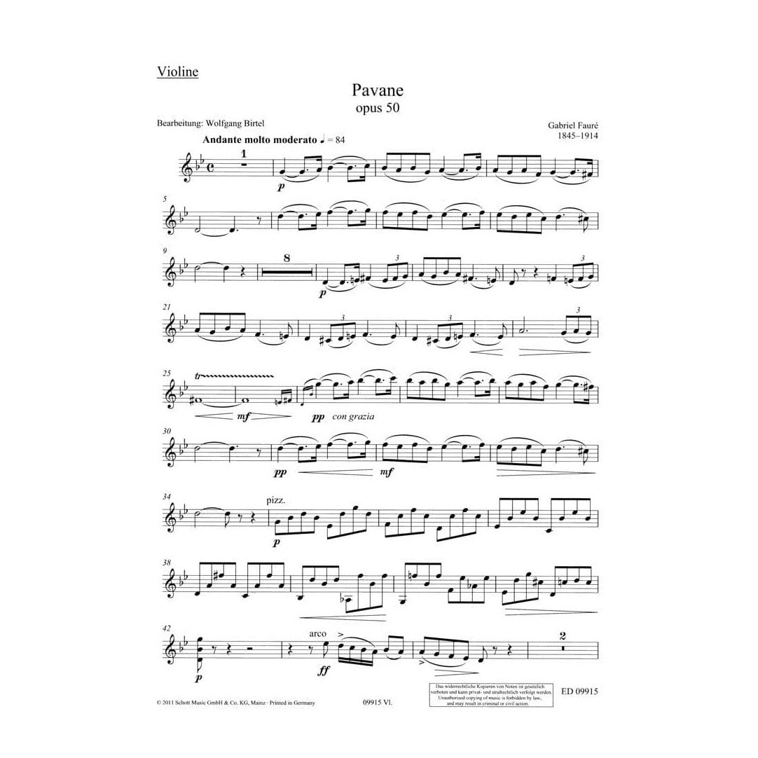 Faure, Gabriel - Pavane, Op 50 - for Violin and Piano - arranged by Wolfgang Birtel - Schott