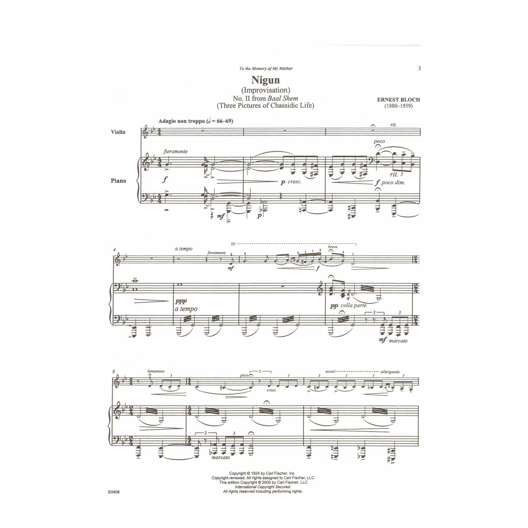 Bloch, Ernest - Nigun (Improvisation) No. 2 from "Baal Shem" (Three Pictures of Chassidic Life) - for Violin with Piano or Audio Accompaniment - Carl Fischer