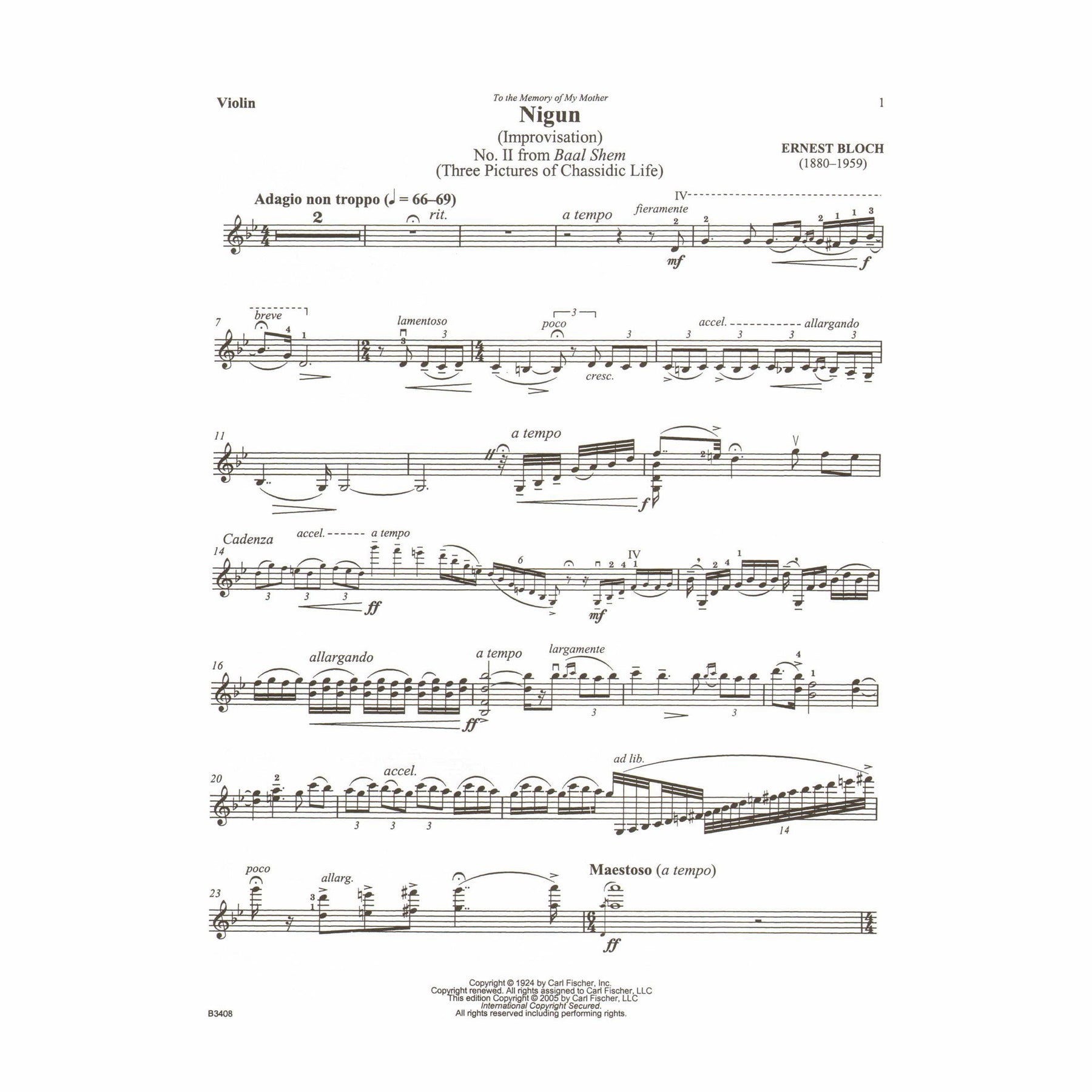 Bloch, Ernest - Nigun (Improvisation) No. 2 from "Baal Shem" (Three Pictures of Chassidic Life) - for Violin with Piano or Audio Accompaniment - Carl Fischer
