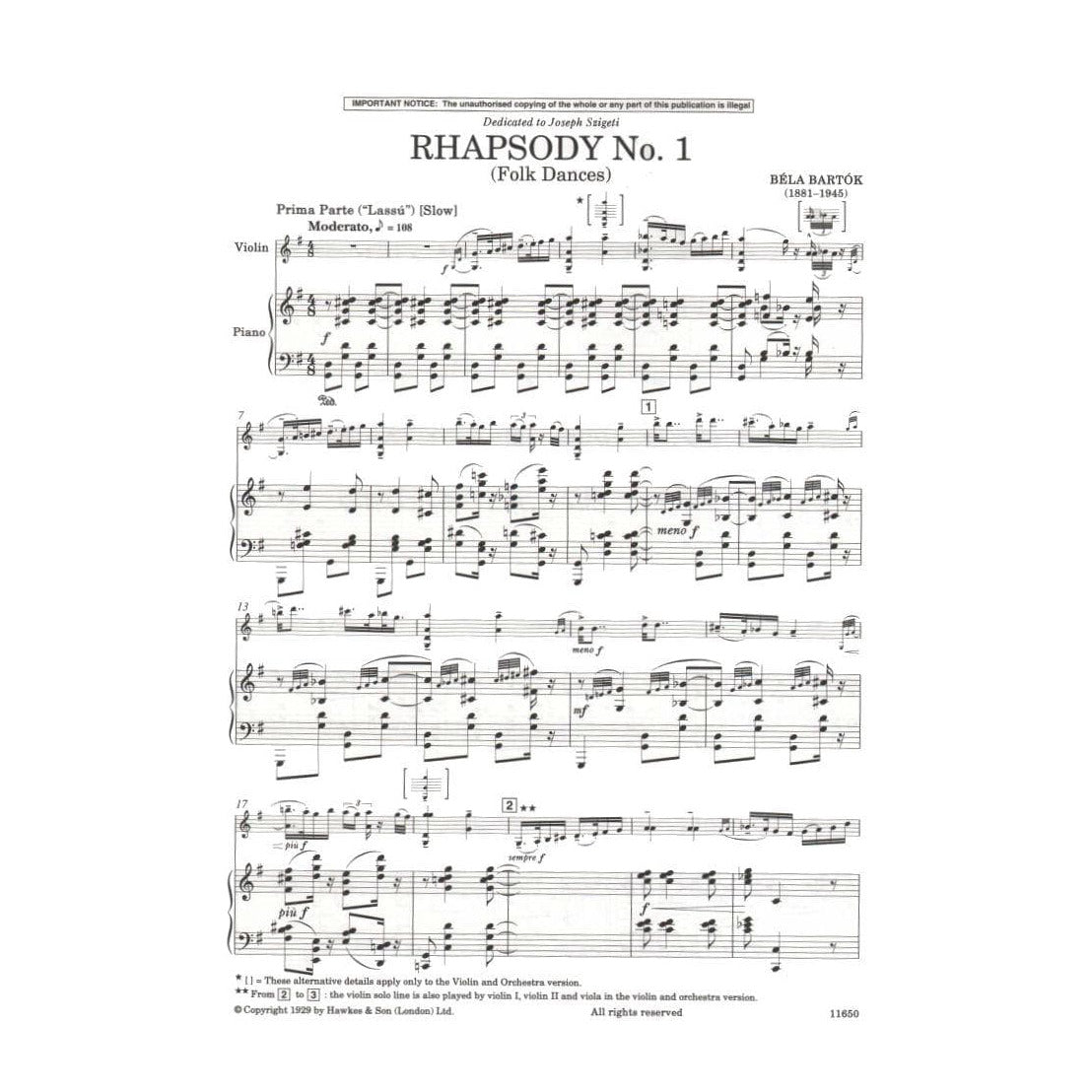 Bartók, Béla - First Rhapsody, Sz 94a ("Folk Dances") - Violin and Piano - Boosey & Hawkes Edition