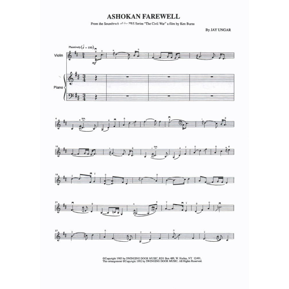 Ungar, Jay - Ashokan Farewell, for Violin and Piano Published by Mel Bay