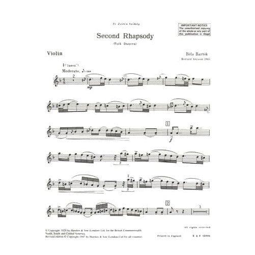 Bartók, Béla - Second Rhapsody, Sz 96a ("Folk Dances") - Violin and Piano - Boosey & Hawkes Edition