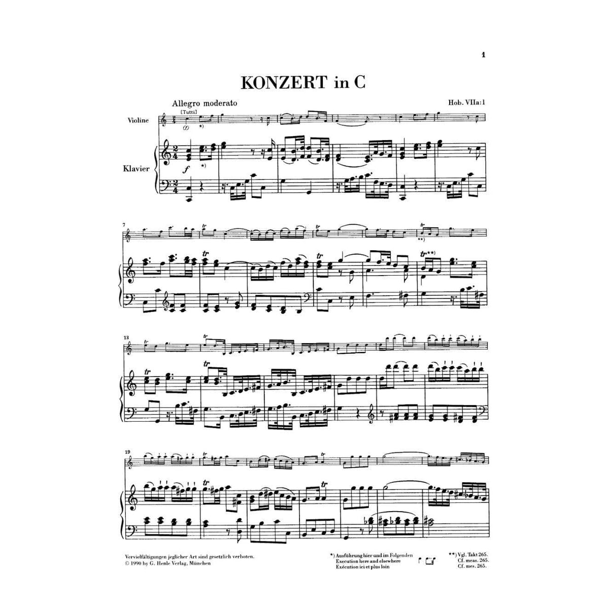 Haydn, Franz Joseph - Concerto No 1 in C Major, Hob VIIa:1 - Violin and Piano - edited by Günter Thomas and Heinz Lohmann - G Henle Verlag URTEXT