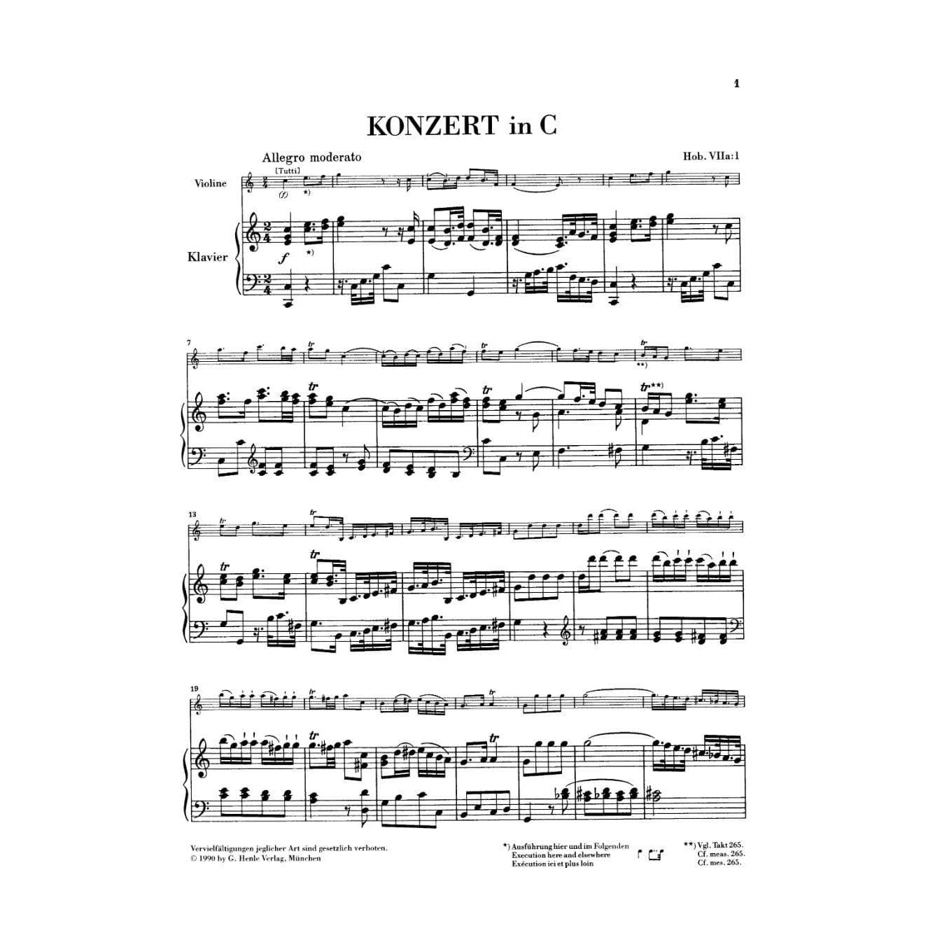 Haydn, Franz Joseph - Concerto No 1 in C Major, Hob VIIa:1 - Violin and Piano - edited by Günter Thomas and Heinz Lohmann - G Henle Verlag URTEXT