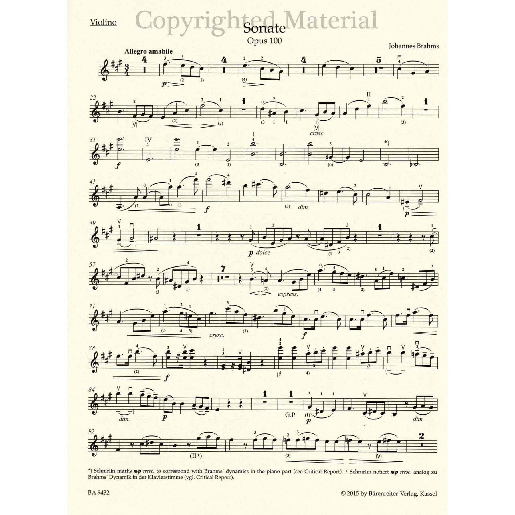 Brahms, Johannes - Sonata in A Major, Op 100 - for Violin and Piano - edited by Clive Brown and Neal Peres Da Costa - Barenreiter URTEXT
