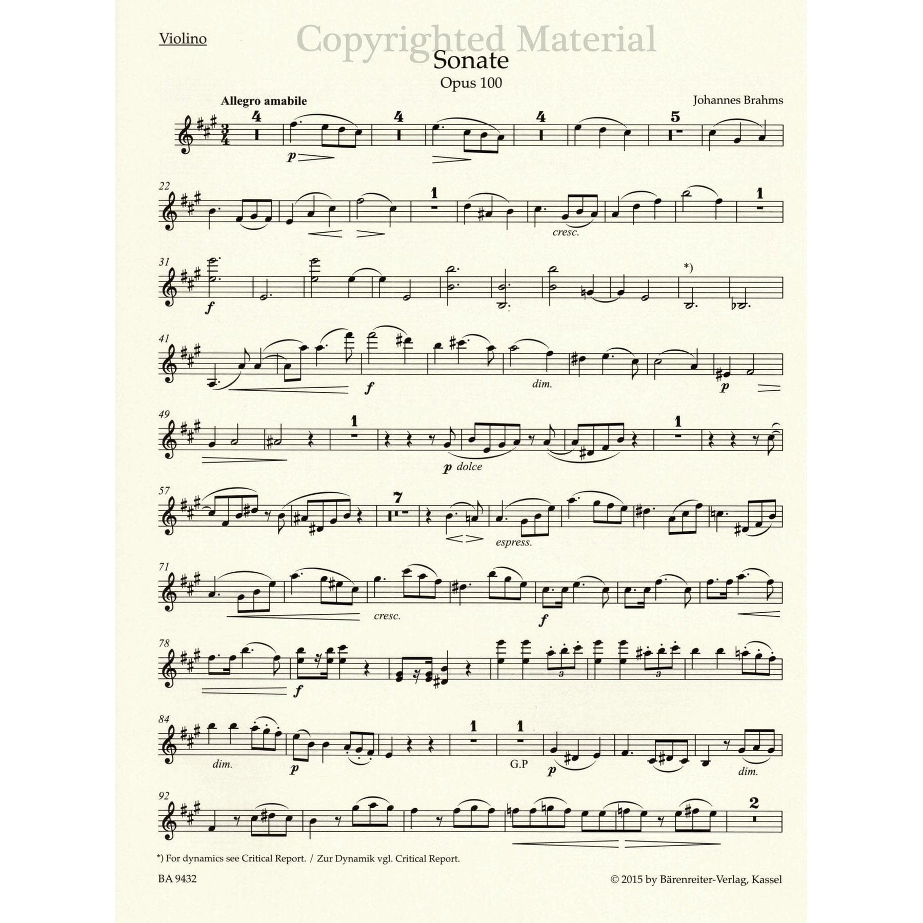 Brahms, Johannes - Sonata in A Major, Op 100 - for Violin and Piano - edited by Clive Brown and Neal Peres Da Costa - Barenreiter URTEXT