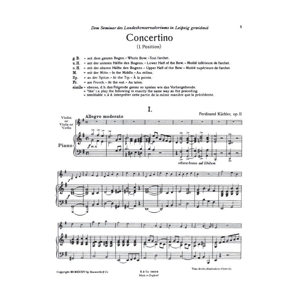 Kuchler, Ferdinand - Concertino in G Major for Violin and Piano, Op 11 - Bosworth