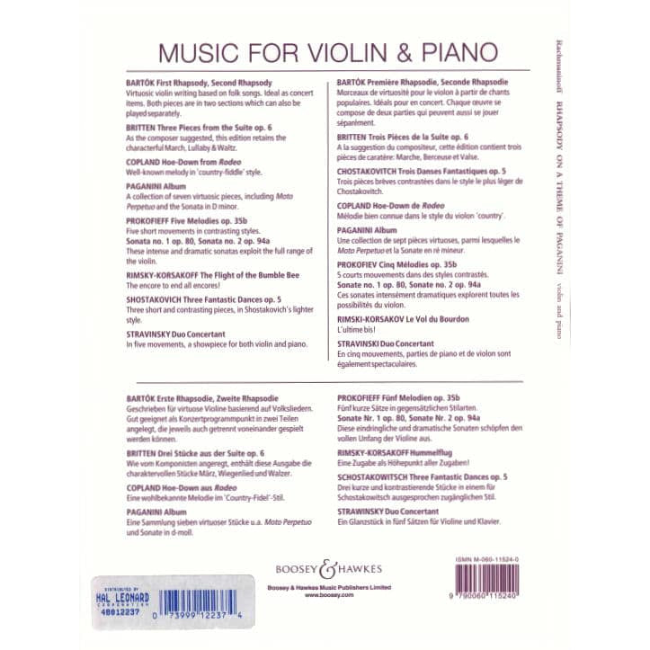 Rachmaninoff, Sergey - Rhapsody on a Theme of Paganini: 18th Variation - Violin and Piano - edited by Levon Chilingirian - Boosey and Hawkes