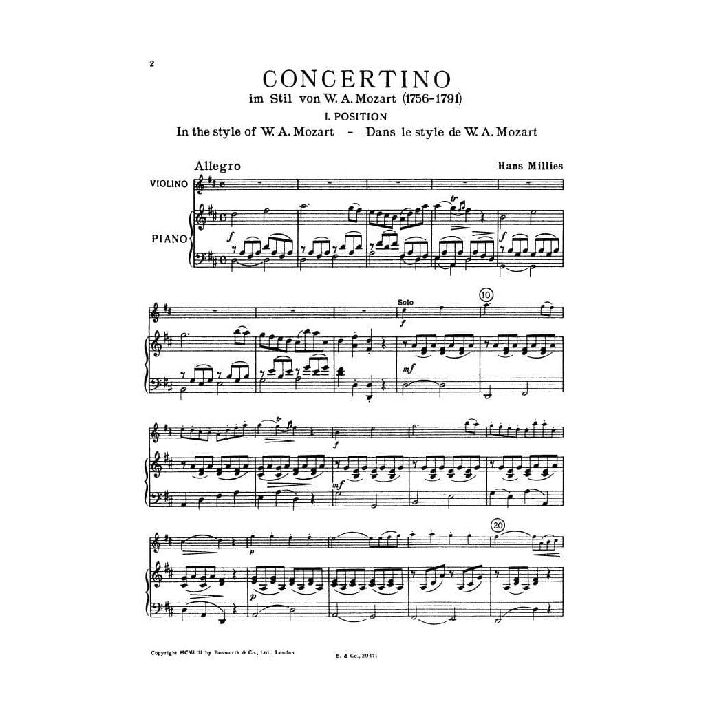 Millies, Hans - Concertino in D Major for Violin and Piano in the Style of Mozart - Bosworth