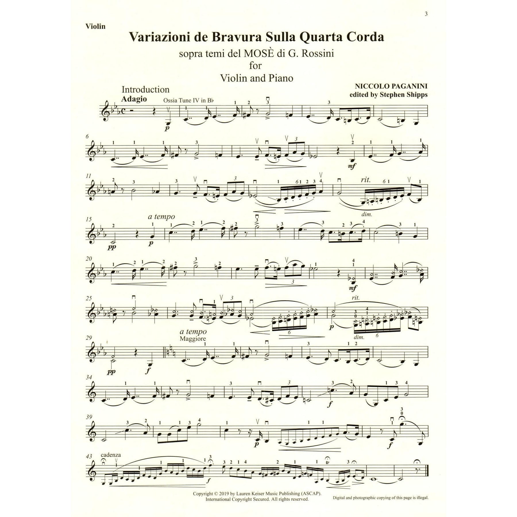 Paganini, N - Moses Fantasy Variations - Analytical Studies & Exercises - Violin and Piano - Keiser