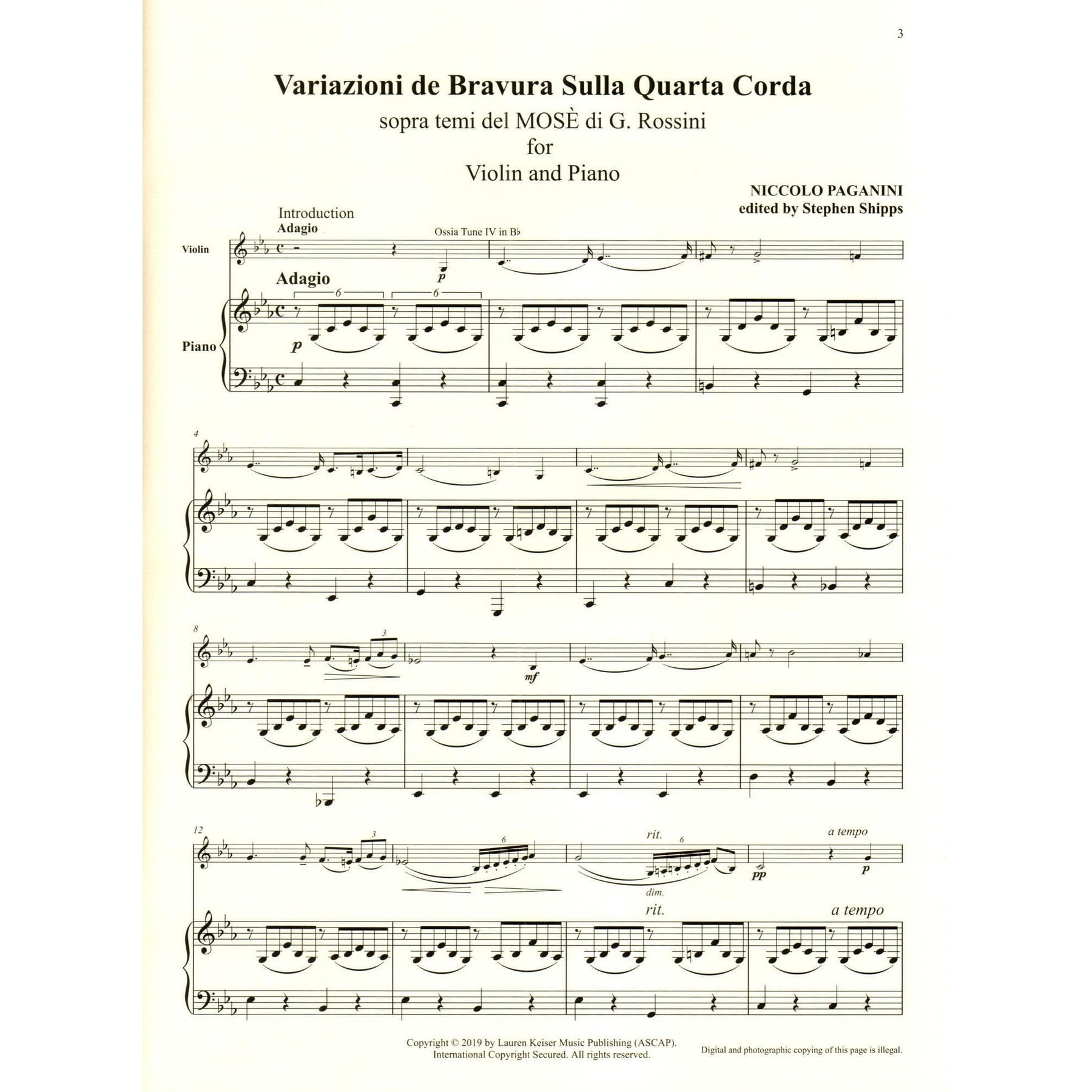 Paganini, N - Moses Fantasy Variations - Analytical Studies & Exercises - Violin and Piano - Keiser